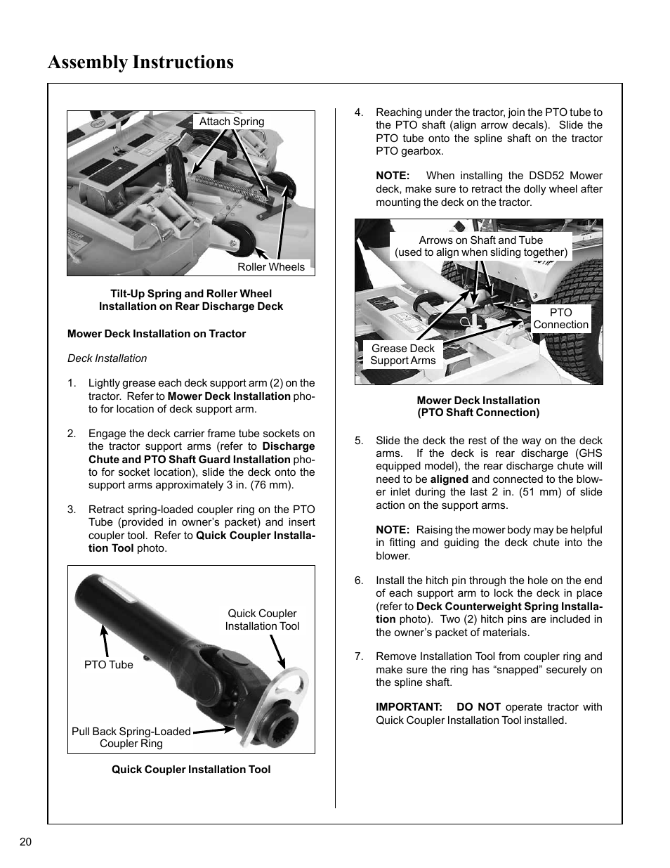 Mower deck lnstallation on tractor, Deck installation, Quick coupler installation tool | Mower deck installation (pto shaft connection), Assembly instructions | Walker MC (20 HP) User Manual | Page 24 / 76