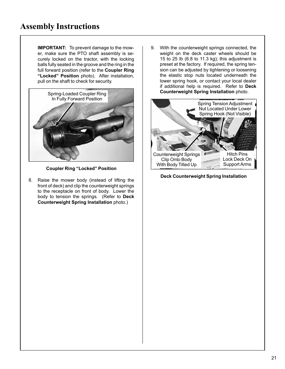 Coupler ring “locked” position, Deck counterweight spring installation, Assembly instructions | Walker MC (20 HP) User Manual | Page 25 / 76