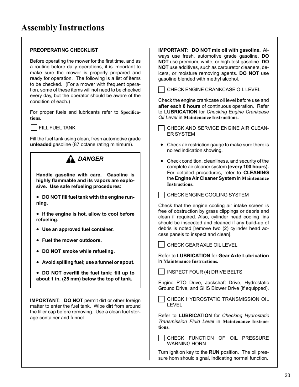 Preoperating checklist, Assembly instructions | Walker MC (20 HP) User Manual | Page 27 / 76
