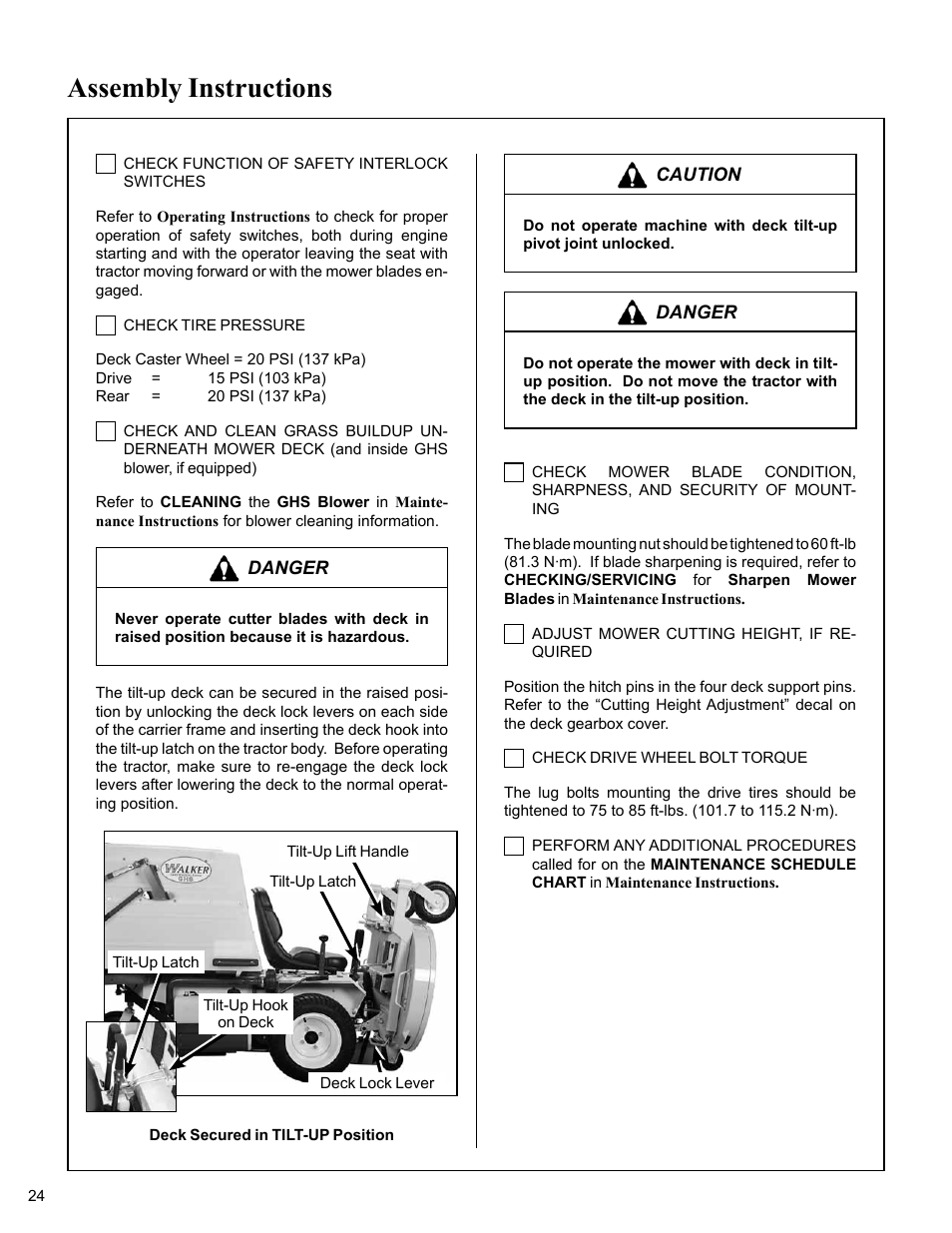 Deck secured in tilt-up position, Assembly instructions | Walker MC (20 HP) User Manual | Page 28 / 76