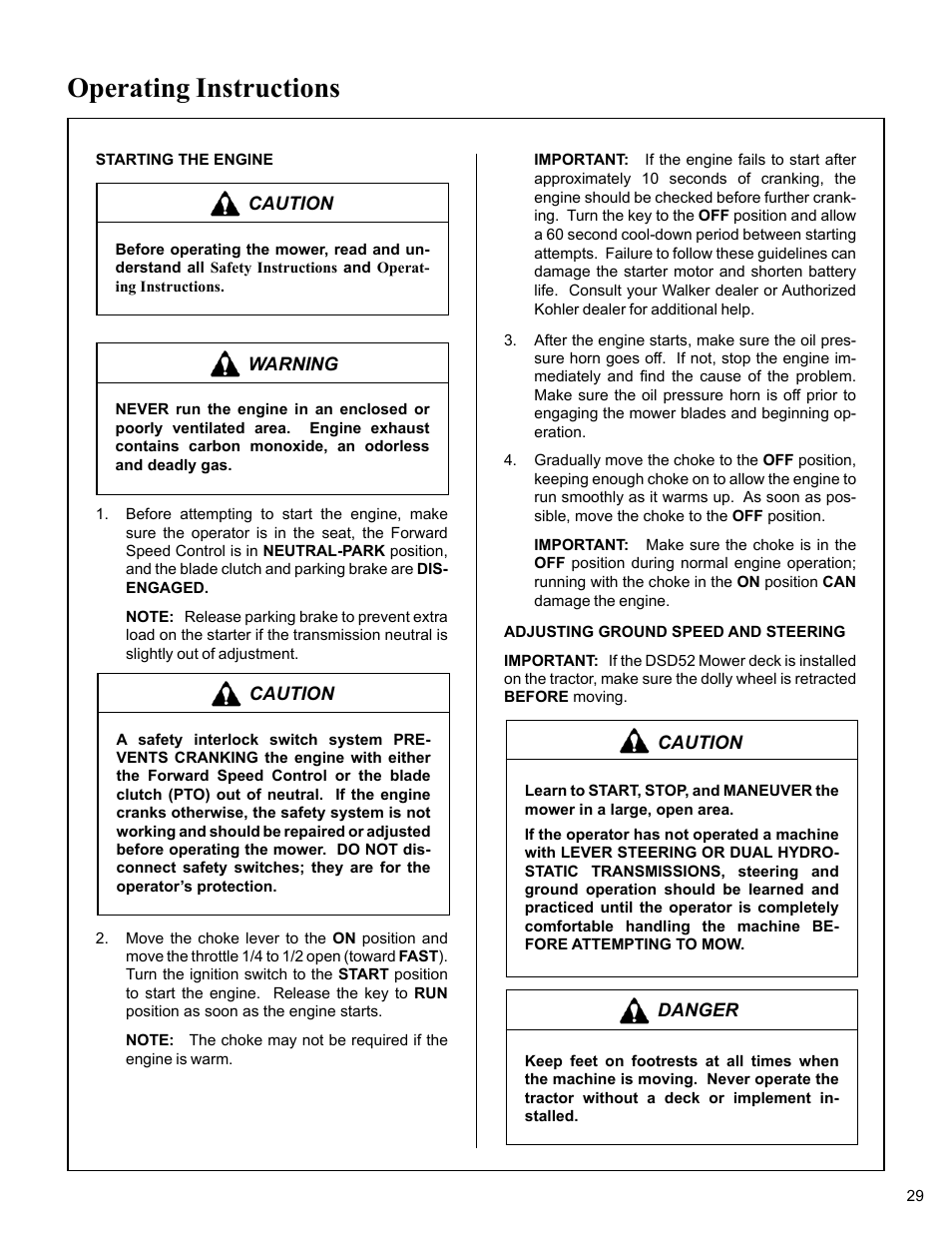 Starting the engine, Adjusting ground speed and steering, Operating instructions | Walker MC (20 HP) User Manual | Page 33 / 76