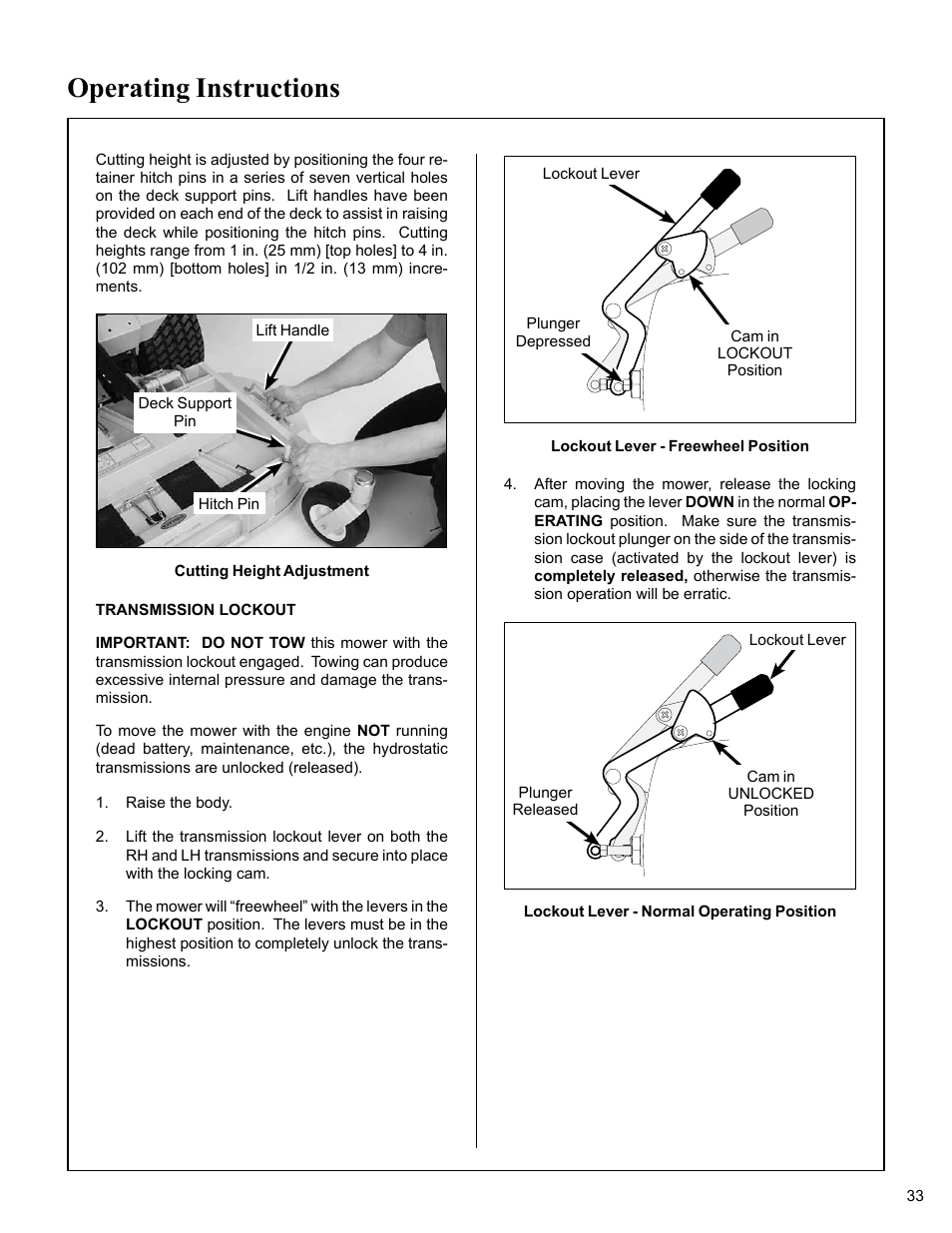 Cutting height adjustment, Transmission lockout, Lockout lever - freewheel position | Lockout lever - normal operating position, Operating instructions | Walker MC (20 HP) User Manual | Page 37 / 76