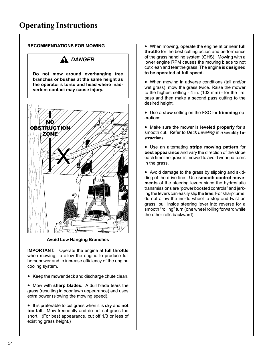 Recommendations for mowing, Avoid low hanging branches, Operating instructions | Walker MC (20 HP) User Manual | Page 38 / 76
