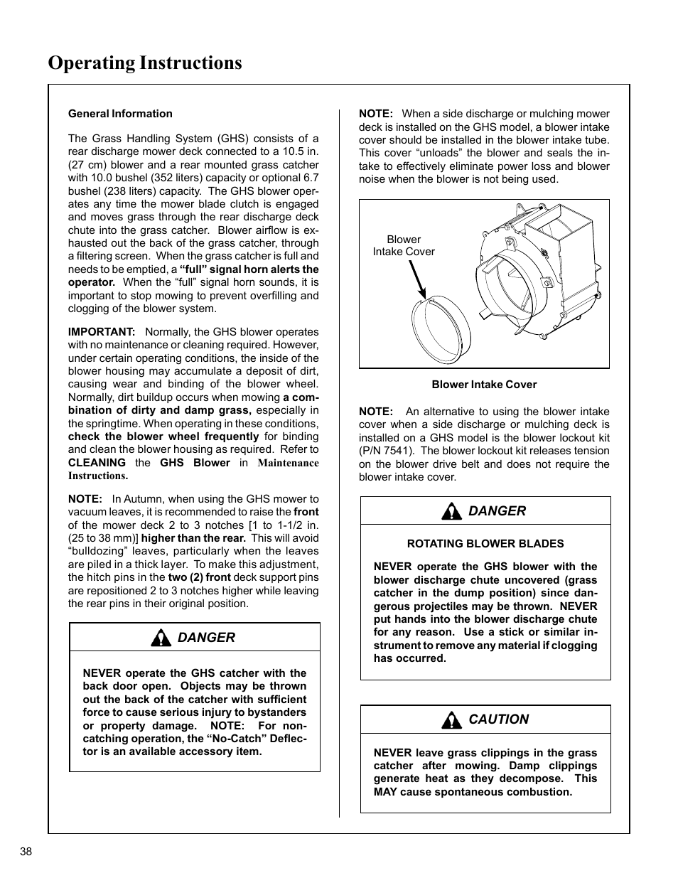 General information, Blower intake cover, Operating instructions | Walker MC (20 HP) User Manual | Page 42 / 76