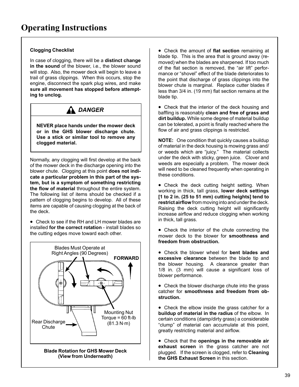 Clogging checklist, Operating instructions | Walker MC (20 HP) User Manual | Page 43 / 76