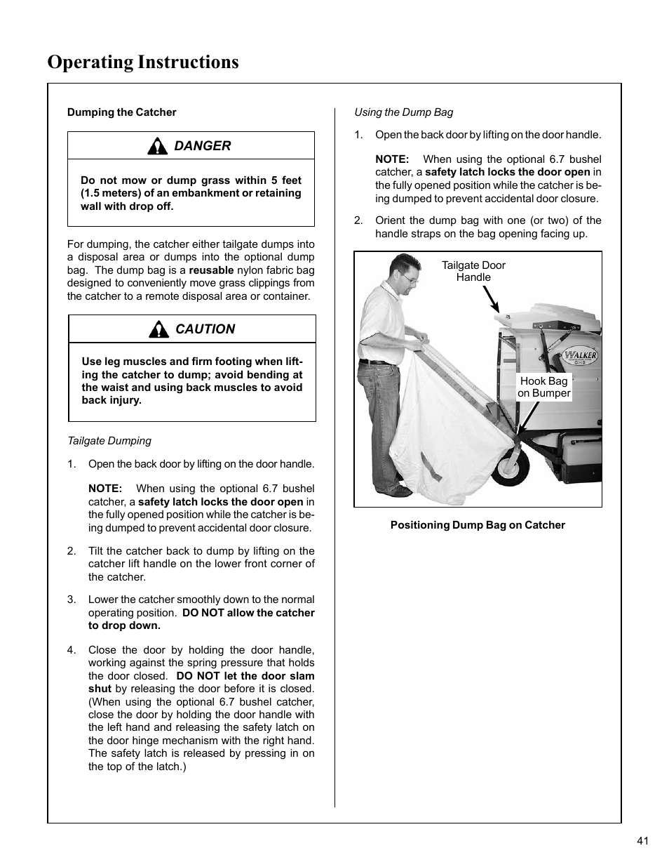 Dumping the catcher, Tailgate dumping, Using the dump bag | Positioning dump bag on catcher, Operating instructions | Walker MC (20 HP) User Manual | Page 45 / 76