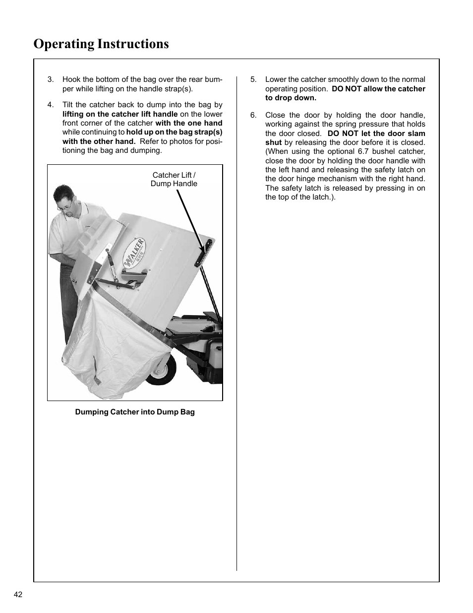 Dumping catcher into dump bag, Operating instructions | Walker MC (20 HP) User Manual | Page 46 / 76