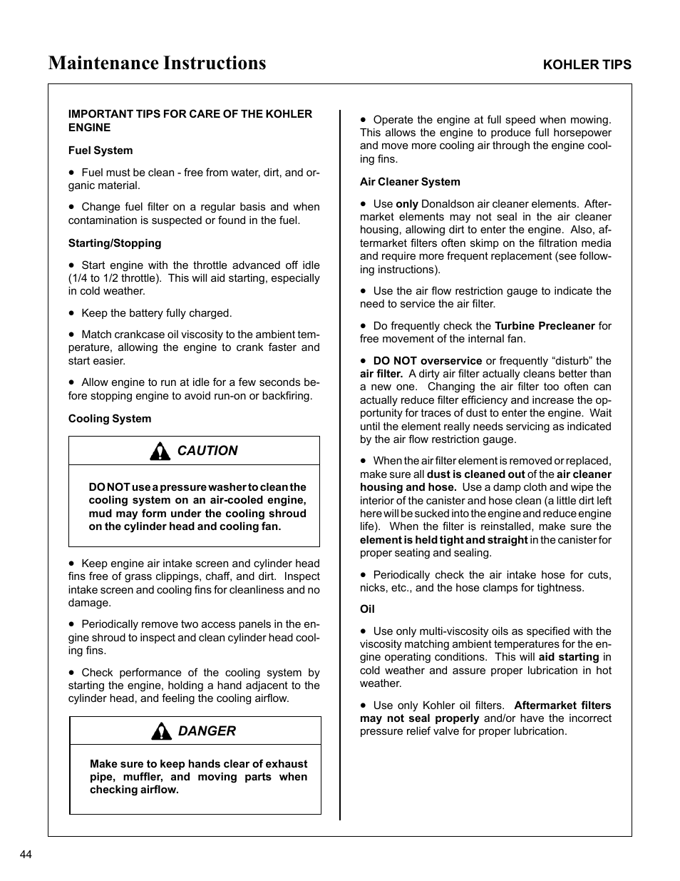 Important tips for care of the kohler engine, Fuel system, Starting/stopping | Cooling system, Air cleaner system, Maintenance instructions | Walker MC (20 HP) User Manual | Page 48 / 76