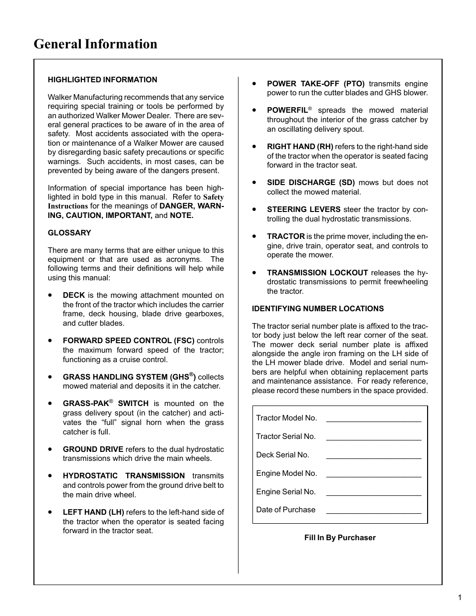 General information, Highlighted information, Glossary | Identifying number locations | Walker MC (20 HP) User Manual | Page 5 / 76