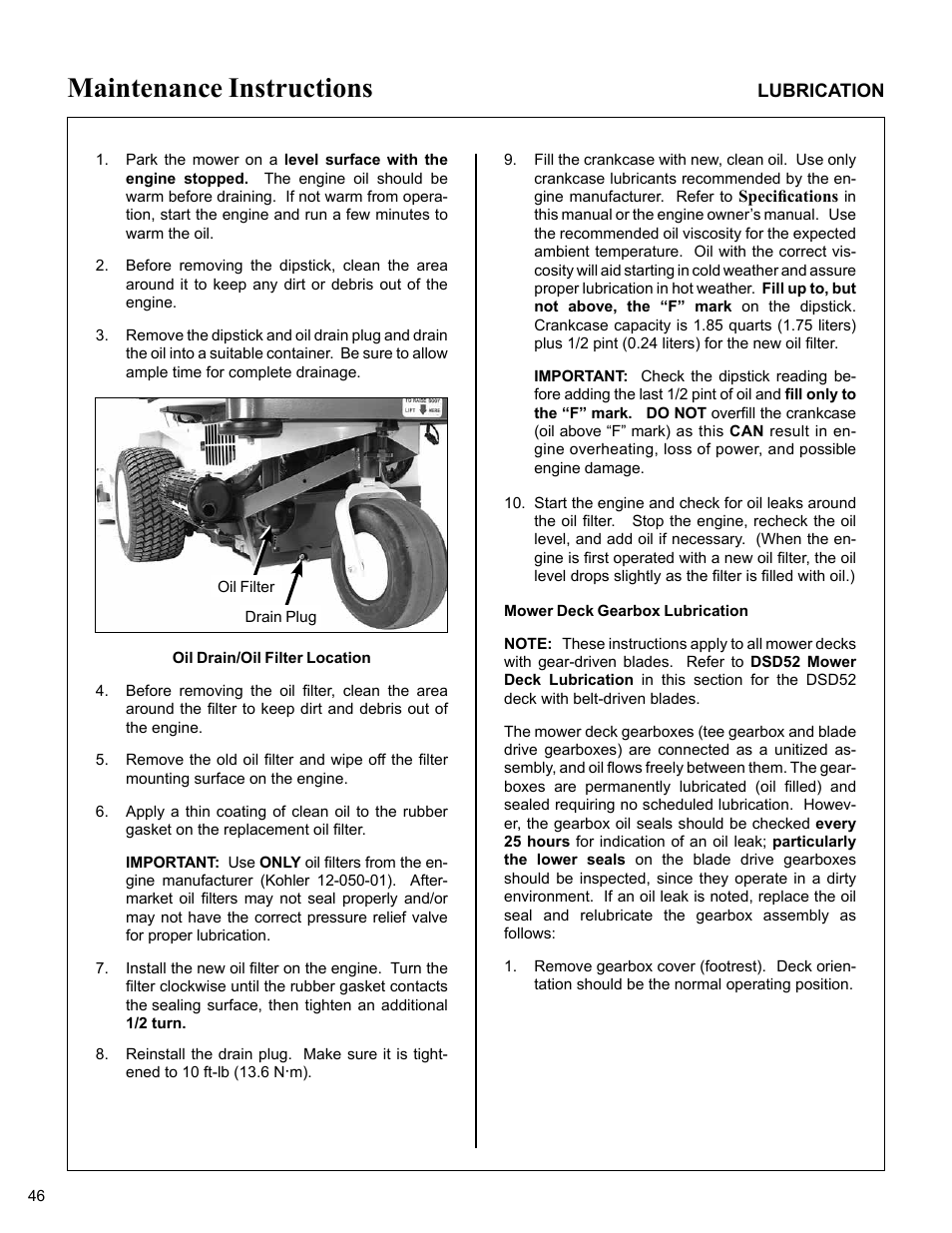 Oil drain/oil filter location, Mower deck gearbox lubrication, Maintenance instructions | Walker MC (20 HP) User Manual | Page 50 / 76