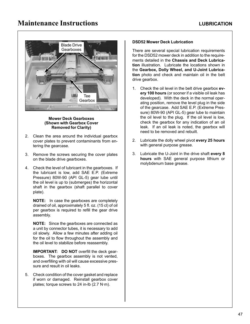 Dsd52 mower deck lubrication, Maintenance instructions | Walker MC (20 HP) User Manual | Page 51 / 76