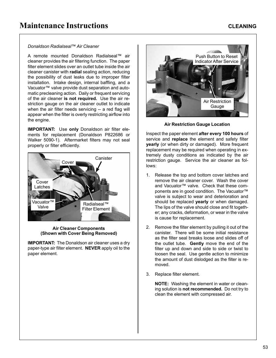 Donaldson radialseal™ air cleaner, Air restriction gauge location, Maintenance instructions | Walker MC (20 HP) User Manual | Page 57 / 76