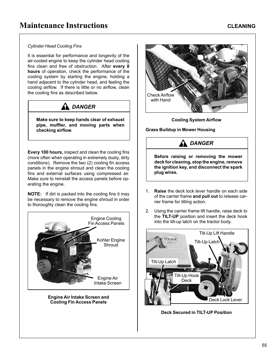 Cylinder head cooling fins, Cooling system airflow, Grass buildup in mower housing | Deck secured in tilt-up position, Maintenance instructions | Walker MC (20 HP) User Manual | Page 59 / 76