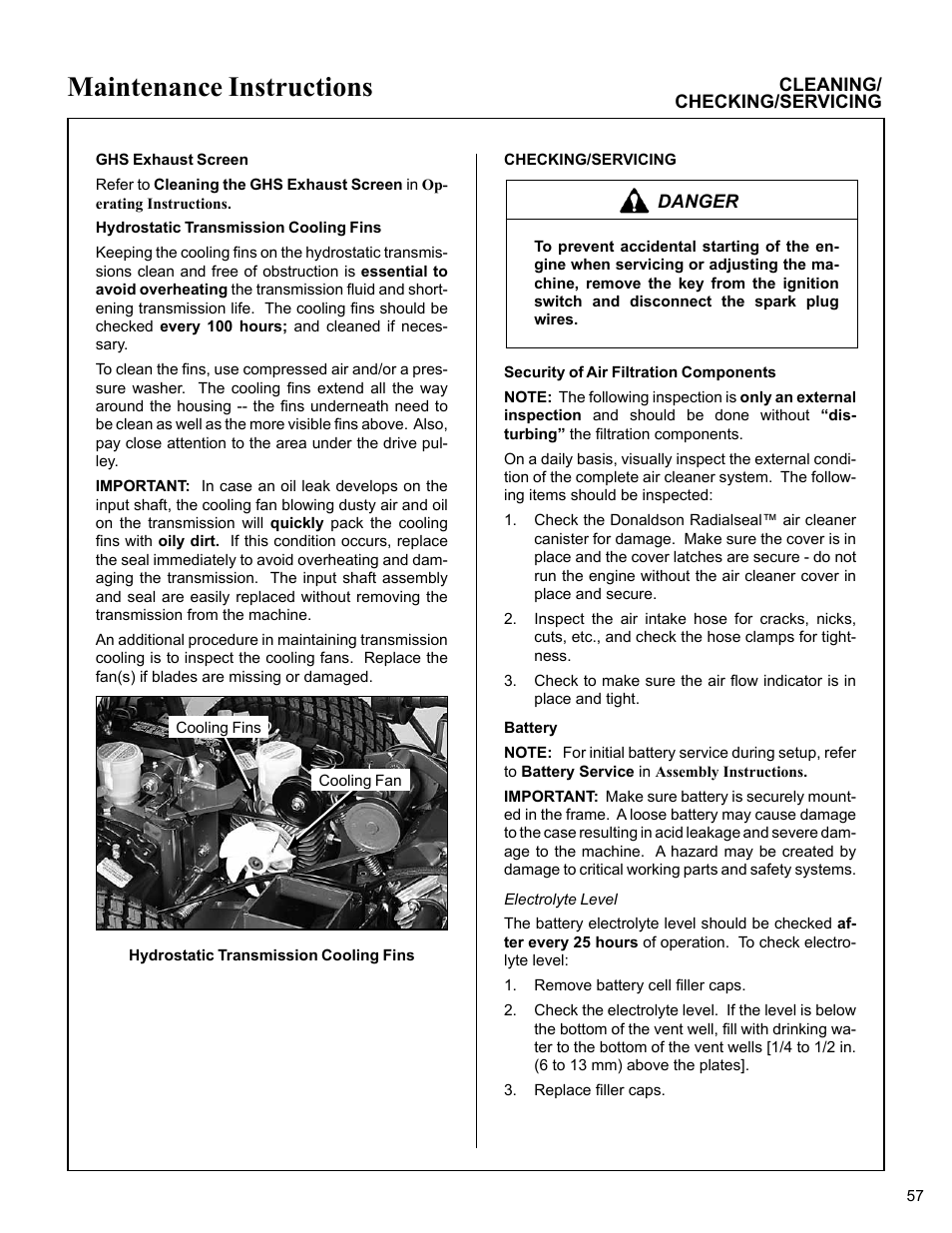 Ghs exhaust screen, Hydrostatic transmission cooling fins, Checking/servicing | Security of air filtration components, Battery, Electrolyte level, Maintenance instructions | Walker MC (20 HP) User Manual | Page 61 / 76