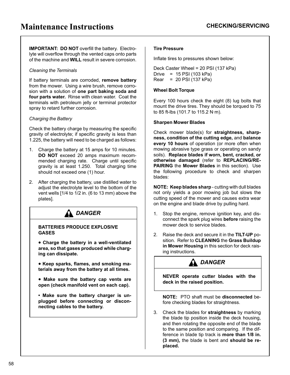 Cleaning the terminals, Charging the battery, Tire pressure | Wheel bolt torque, Sharpen mower blades, Maintenance instructions | Walker MC (20 HP) User Manual | Page 62 / 76