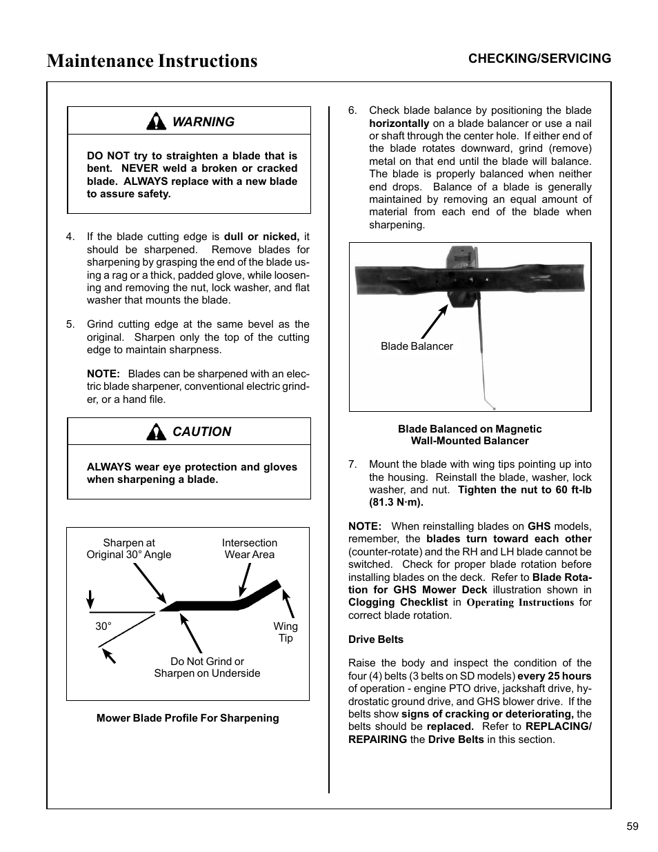 Mower blade profilefor sharpening, Blade balanced on magnetic wall-mounted balancer, Drive belts | Maintenance instructions | Walker MC (20 HP) User Manual | Page 63 / 76