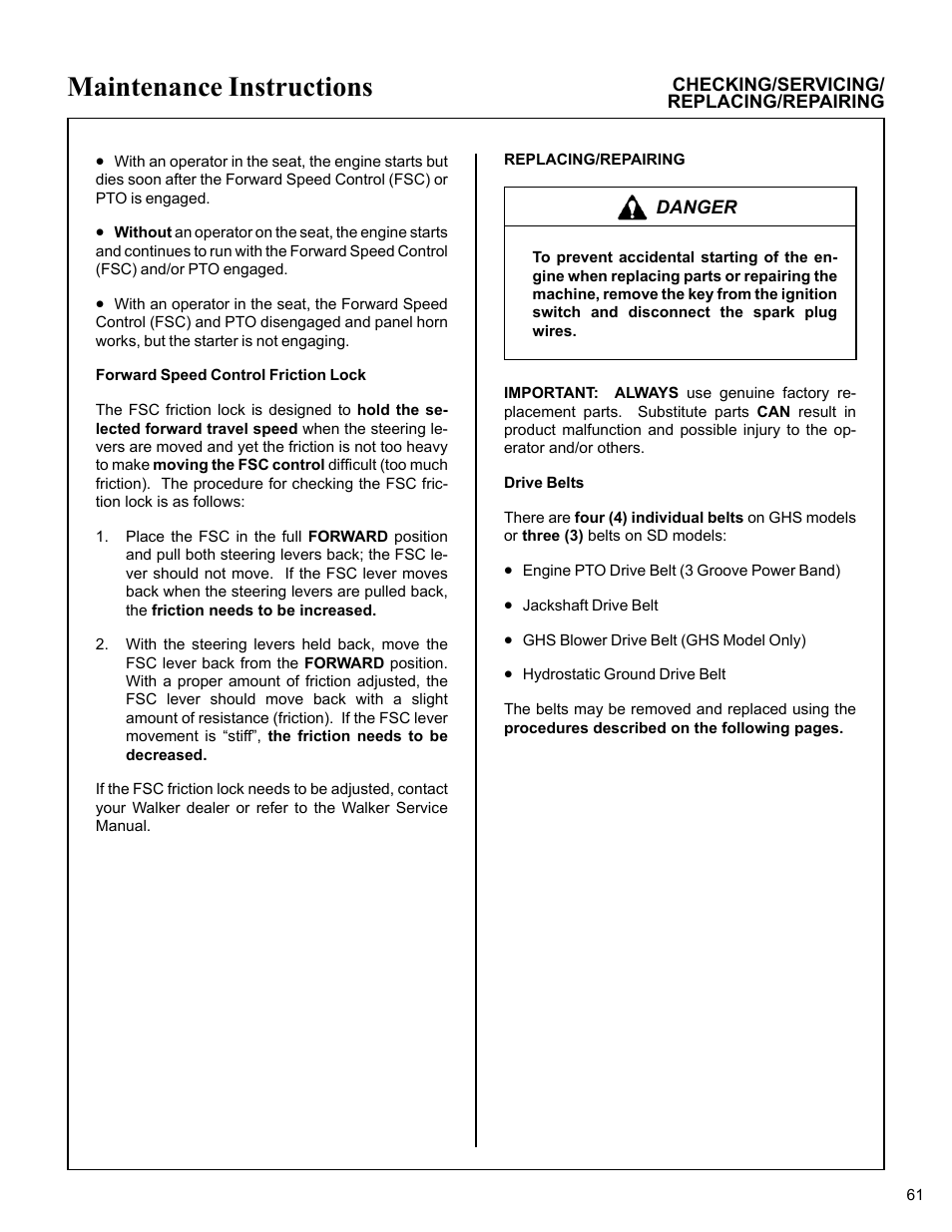 Forward speed control friction lock, Replacing/repairing, Drive belts | Maintenance instructions | Walker MC (20 HP) User Manual | Page 65 / 76