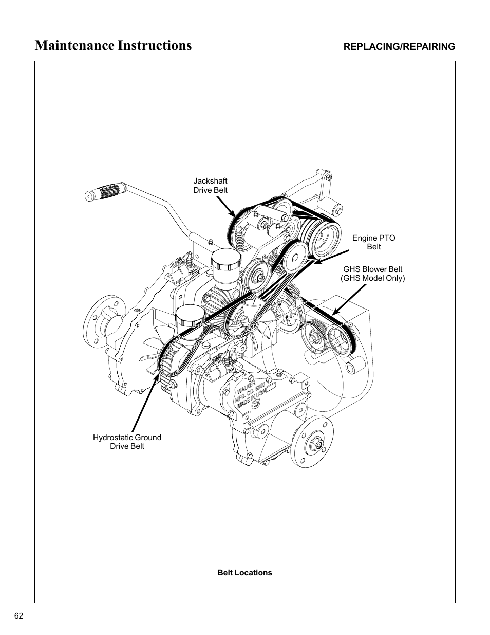 Belt locations, Maintenance instructions | Walker MC (20 HP) User Manual | Page 66 / 76