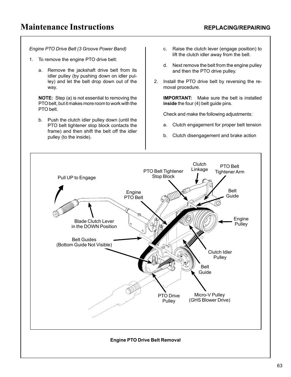 Engine pto drive belt (3 groove power band), Engine pto drive belt removal, Maintenance instructions | Walker MC (20 HP) User Manual | Page 67 / 76