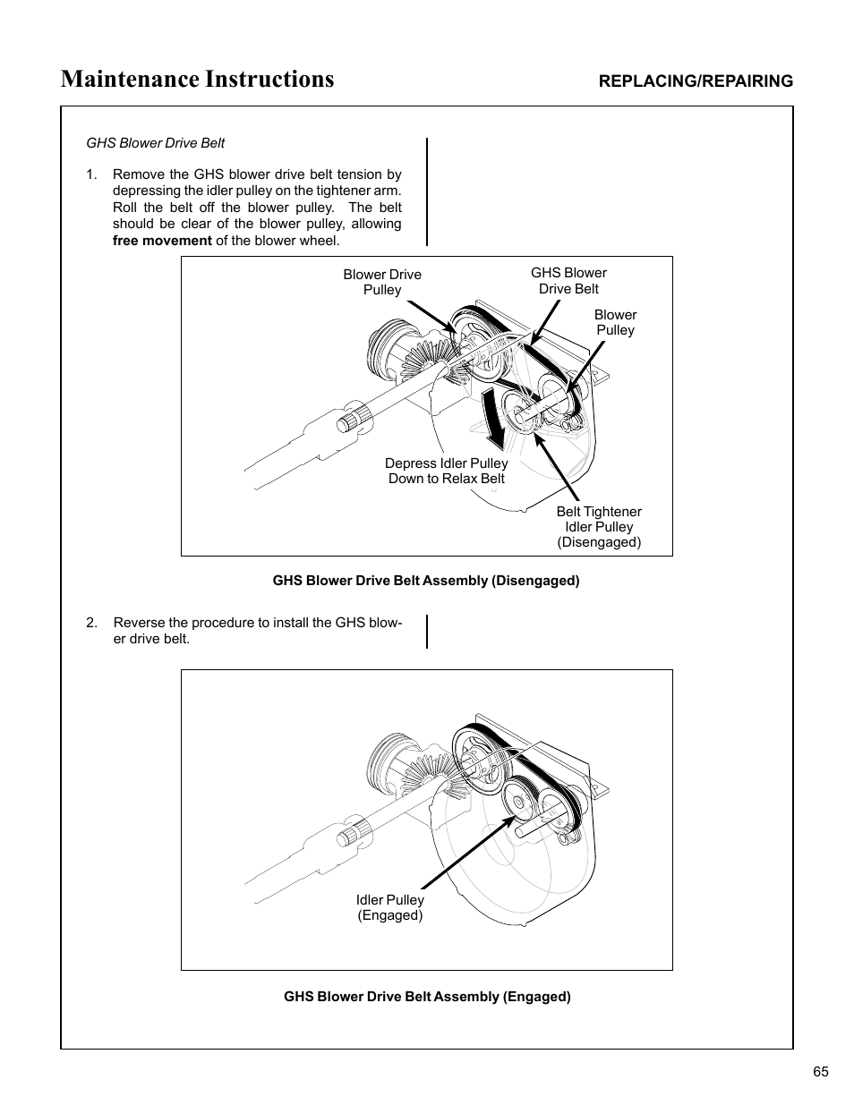 Ghs blower drive belt, Ghs blower drive belt assembly (disengaged), Ghs blower drive belt assembly (engaged) | Maintenance instructions | Walker MC (20 HP) User Manual | Page 69 / 76
