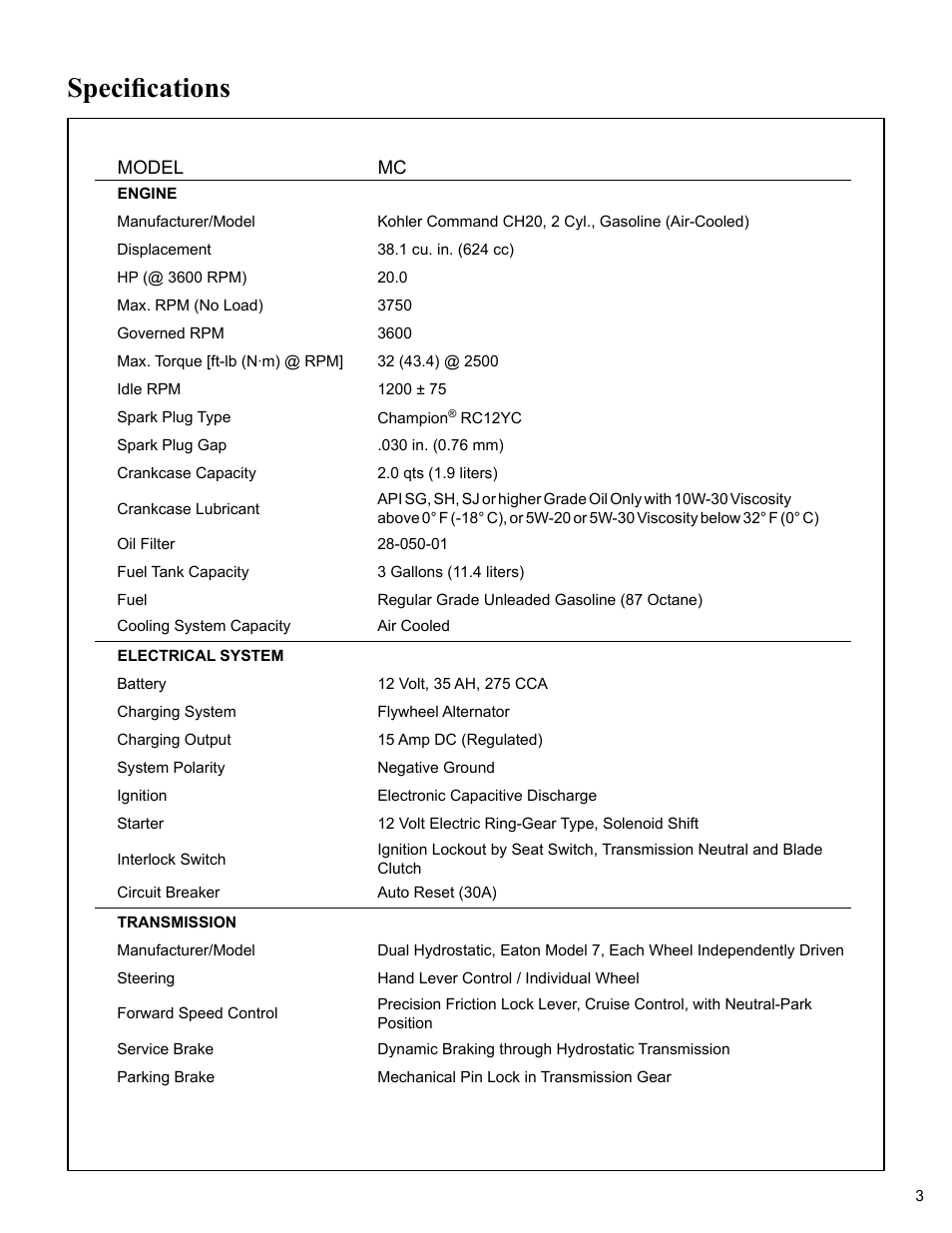 Specifications, Engine, Electrical system | Transmission | Walker MC (20 HP) User Manual | Page 7 / 76