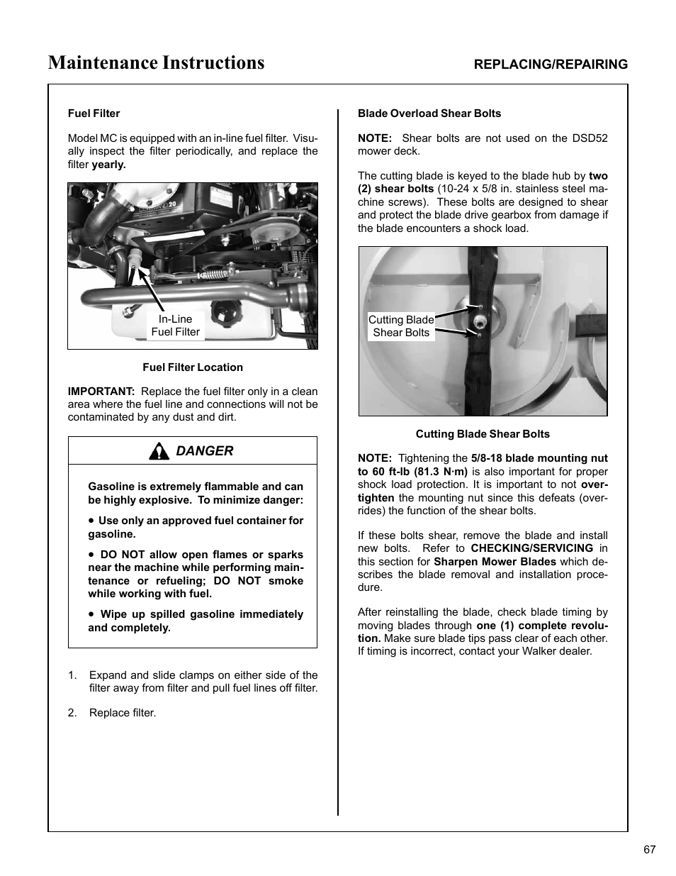 Fuel filter, Fuel filter location, Blade overload shear bolts | Cutting blade shear bolts, Maintenance instructions | Walker MC (20 HP) User Manual | Page 71 / 76