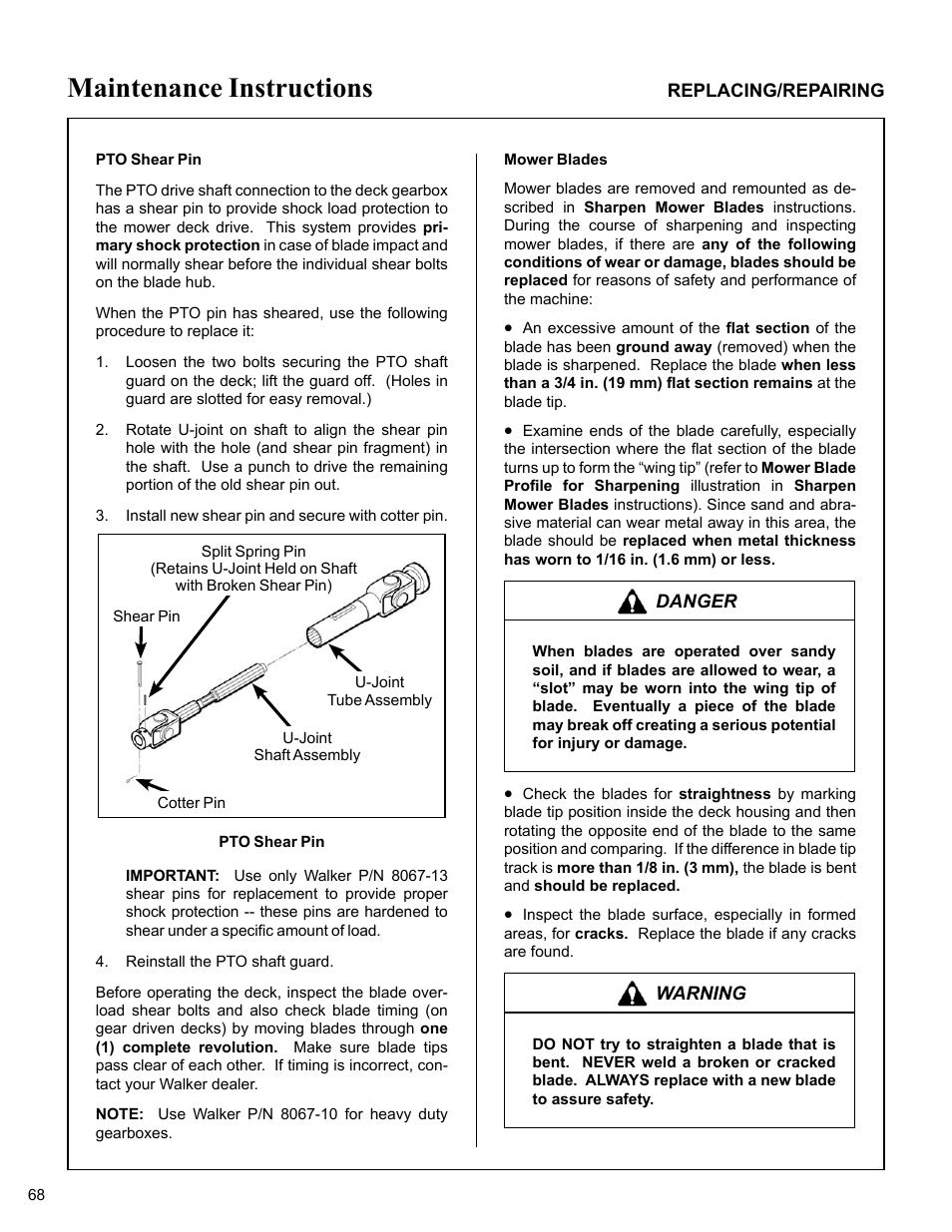 Pto shear pin, Mower blades, Maintenance instructions | Walker MC (20 HP) User Manual | Page 72 / 76