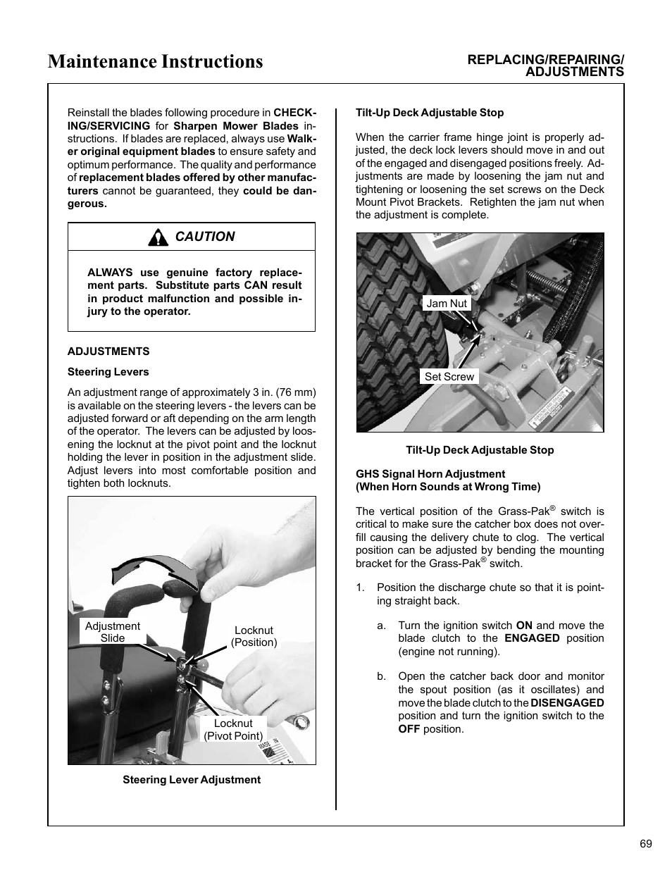 Adjustments, Steering levers, Steering lever adjustment | Tilt-up deck adjustable stop, Maintenance instructions | Walker MC (20 HP) User Manual | Page 73 / 76