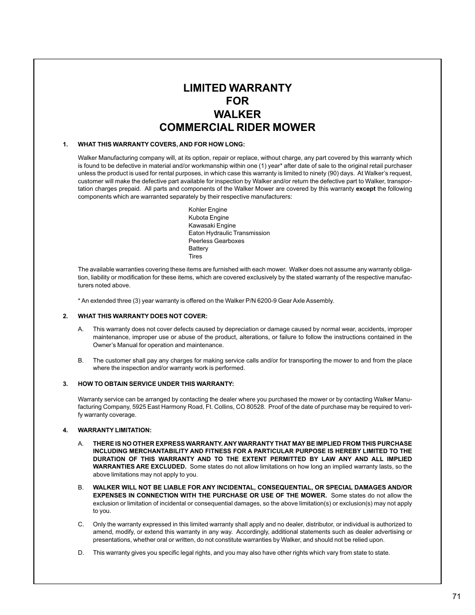 Limited warranty, Limited warranty for walker commercial rider mower | Walker MC (20 HP) User Manual | Page 75 / 76