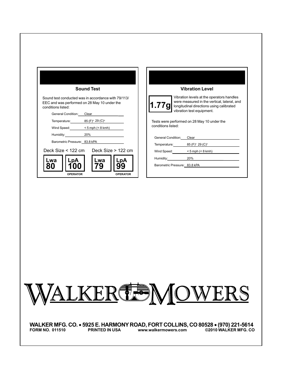 Sound - model mc, Vibration - model mc | Walker MC (20 HP) User Manual | Page 76 / 76