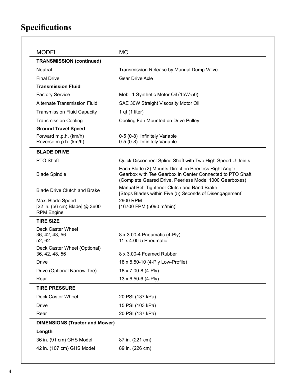 Blade drive, Tire size, Tire pressure | Dimensions (tractor and mower), Specifications | Walker MC (20 HP) User Manual | Page 8 / 76