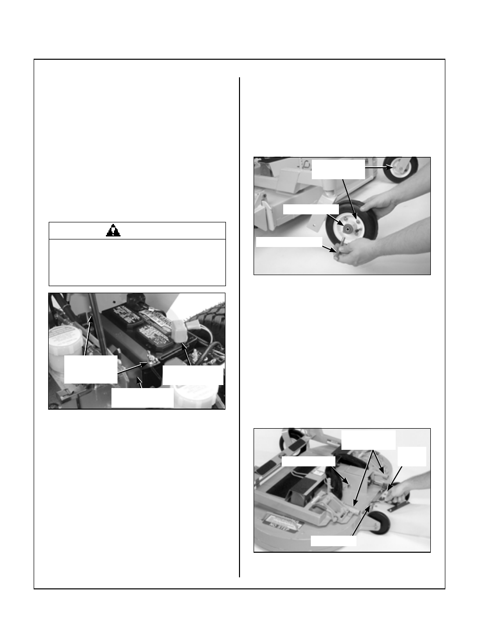 Battery installation, Mower deck assembly, Deck caster wheels installation | Deck caster wheel installation, Assembly instructions | Walker MT User Manual | Page 26 / 92