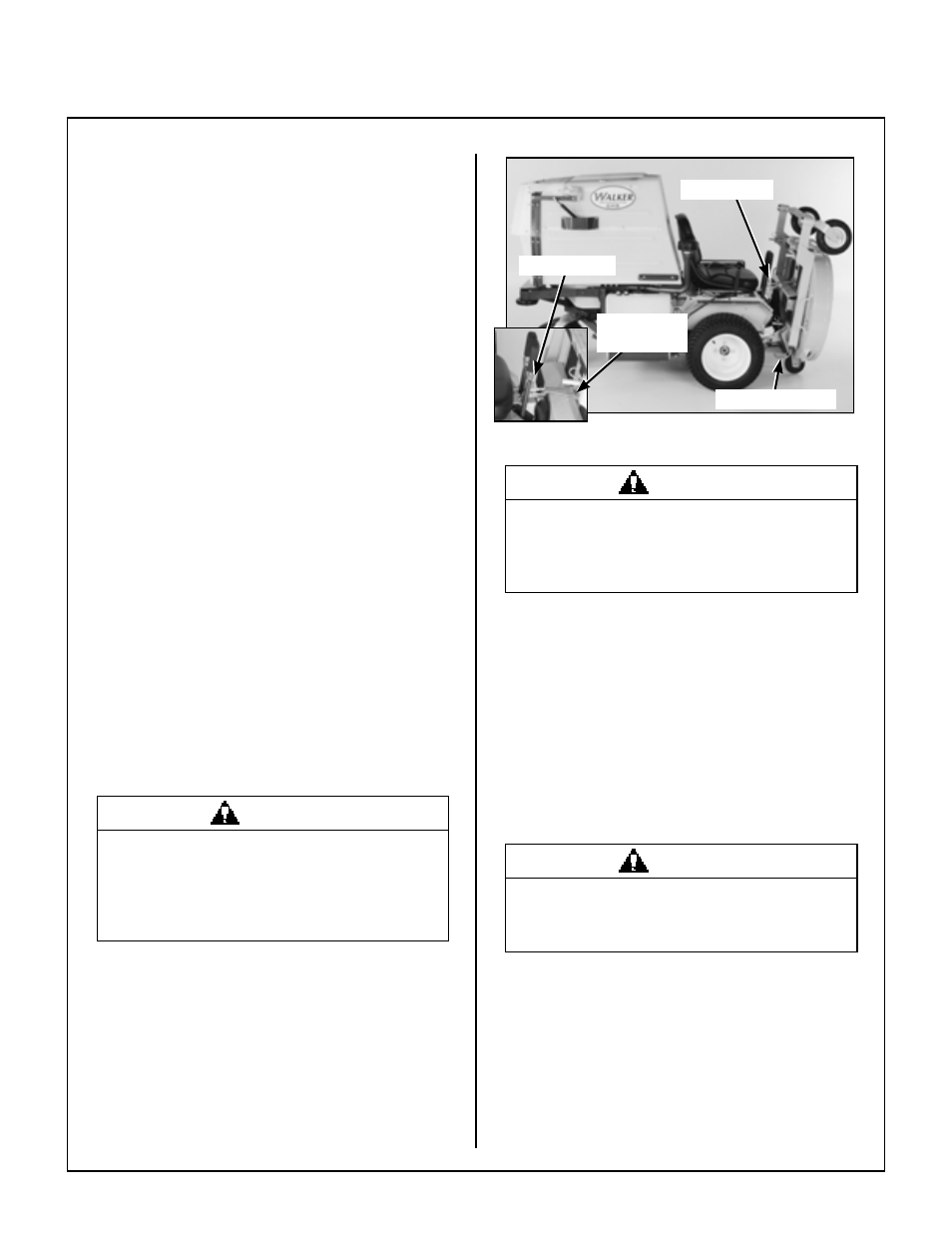 Flushing radiator and changing coolant, Grass buildup in mower housing, Deck secured in tilt-up position | Maintenance instructions | Walker MT User Manual | Page 72 / 92