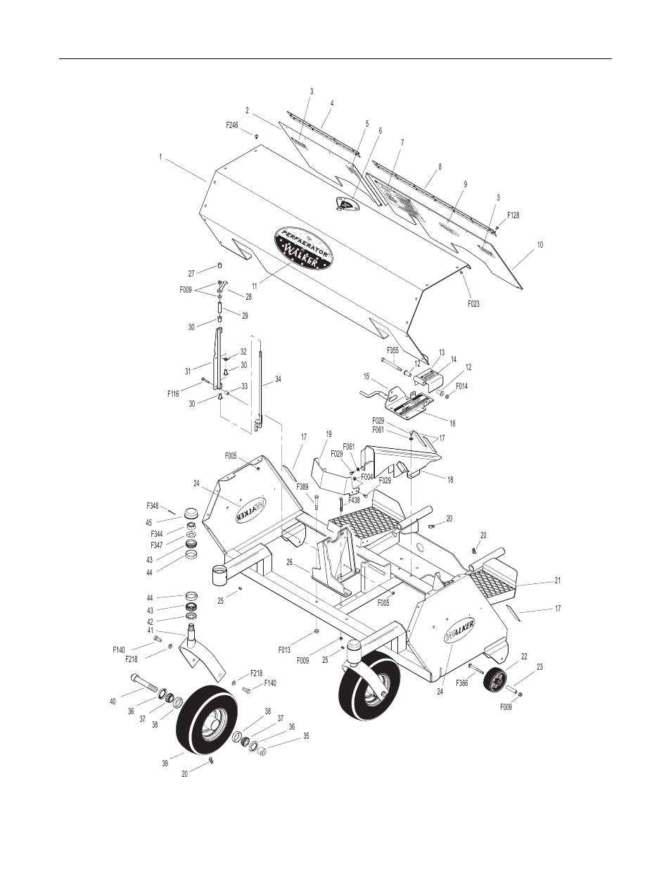 Body and frame components, Front cover, Includes item # 11) | Rear cover, rh, Includes items # 3, 4, 5 & 17), Decal, cover, Hinge (15-1/2"), Decal, made in usa, Decal, ground speed indicator, Decal, perfaerator oper | Walker PERFAERATORTM PA6685 User Manual | Page 21 / 28