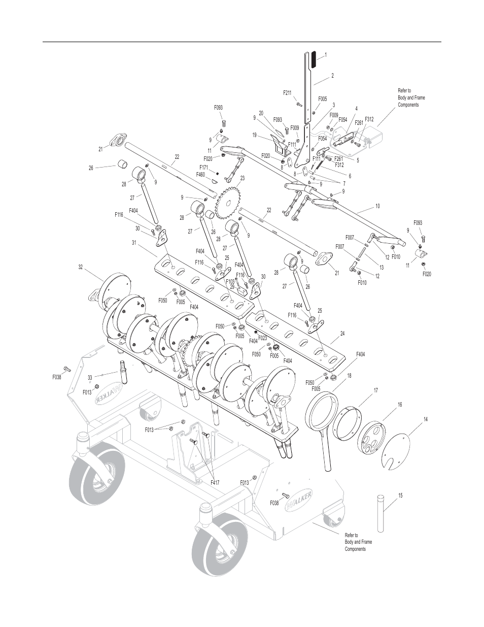Control linkage, Handle grip, foam (3-1/4), Transport lever | Includes item # 1), Transport lever end, Release latch, Link, lever latch, Extension spring (1/4 x 3), Clevis pin (5/16 x 7/8), Actuator link | Walker PERFAERATORTM PA6685 User Manual | Page 23 / 28