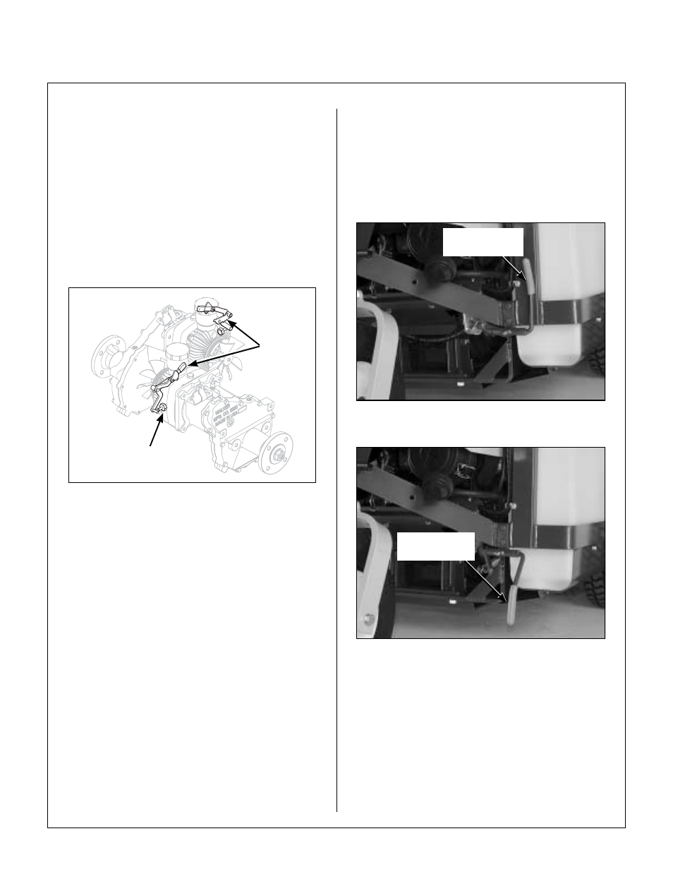 Transmission lockout levers, Lockout lever location, Cold start lever (jackshaft drive belt release) | Cold start lever - normal operating position, Cold start lever - cold start position, Operating instructions | Walker MDD (20.9 HP) User Manual | Page 31 / 92