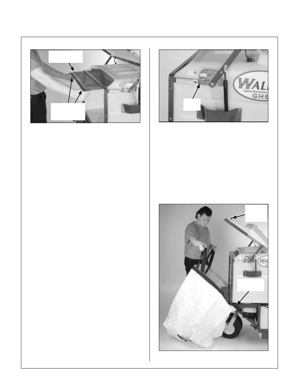 Grass catcher screen removal for cleaning, Dumping the catcher, Tailgate dumping | Catcher door safety latch, Using the dump bag, Positioning dump bag on catcher, Operating instructions | Walker MDD (20.9 HP) User Manual | Page 47 / 92