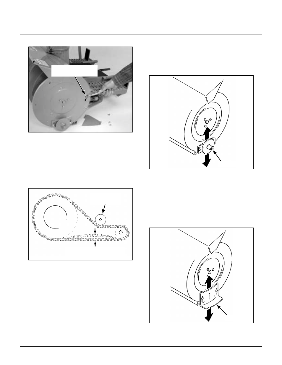 Loosen chain tension block mounting bolt, Proper chain tension, Gauge wheels or skid shoes | Adjust gauge wheels, Adjust skid shoes, Maintenance instructions | Walker SB36 User Manual | Page 35 / 43