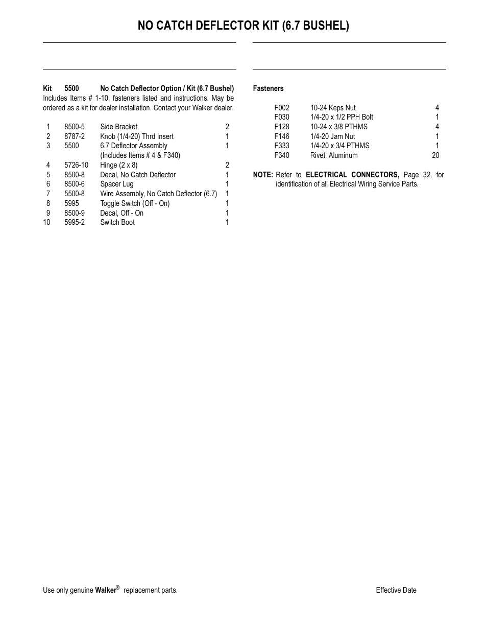 No catch deflector kit (6.7 bushel) | Walker MS User Manual | Page 44 / 52