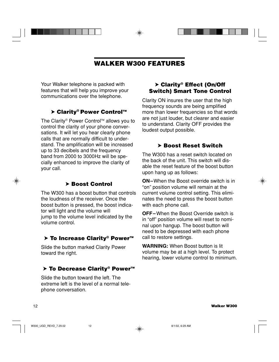 Walker w300 features | Walker W300 User Manual | Page 12 / 80