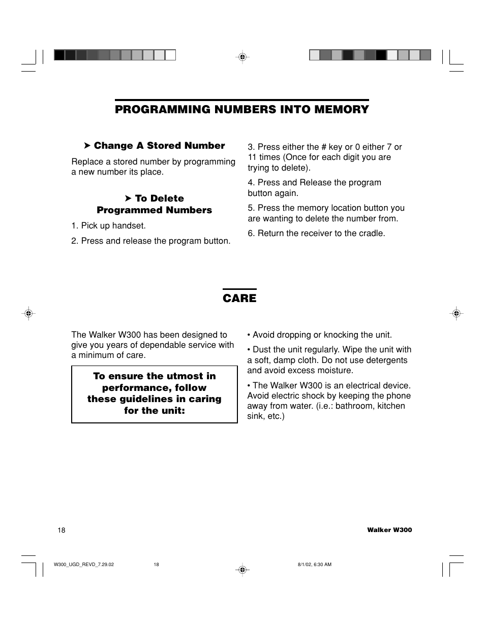 Care | Walker W300 User Manual | Page 18 / 80