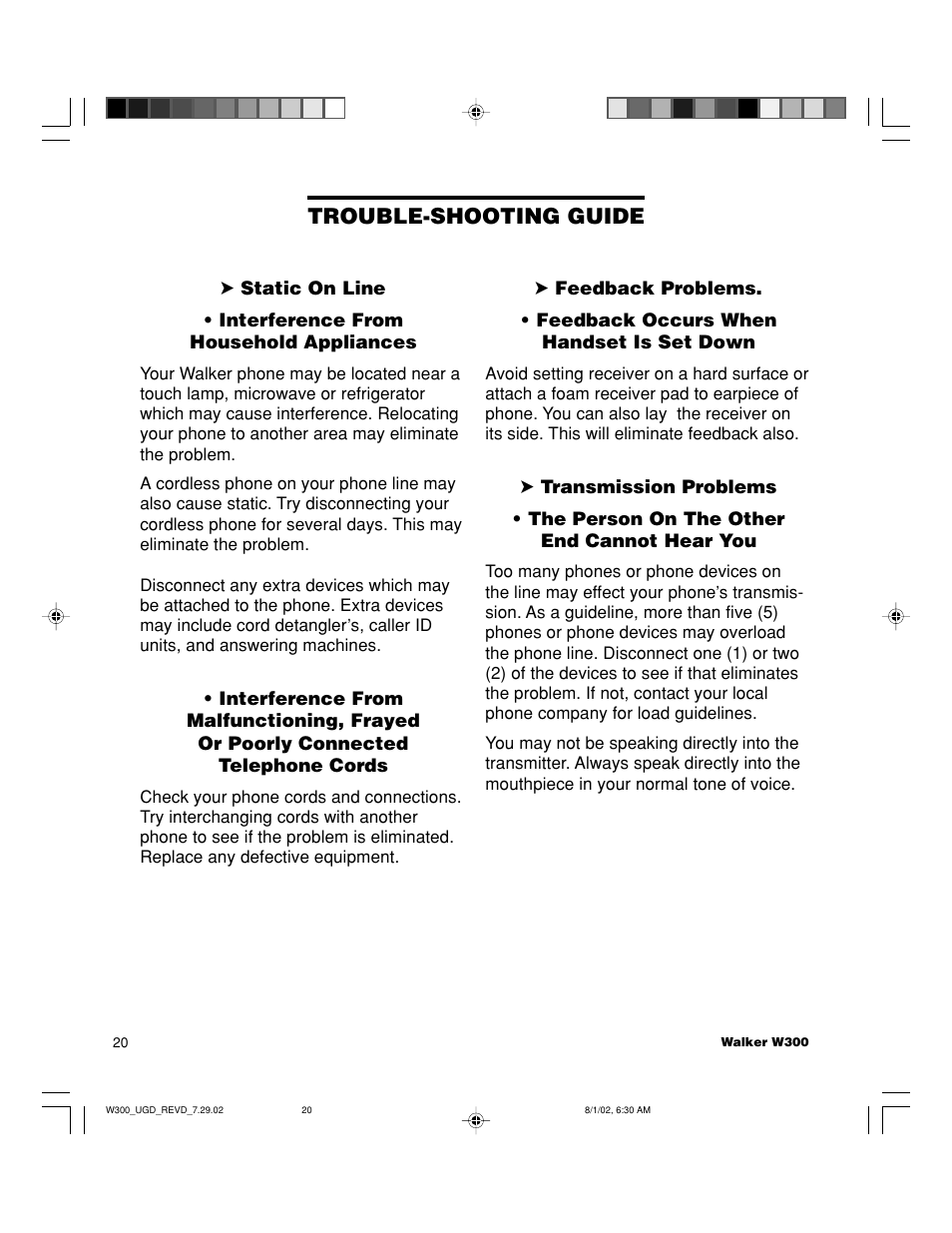 Trouble-shooting guide | Walker W300 User Manual | Page 20 / 80