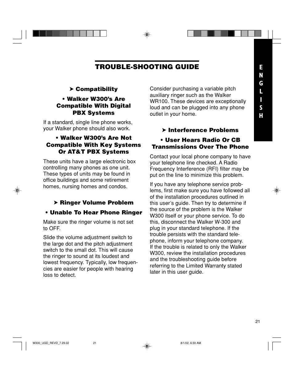 Trouble-shooting guide | Walker W300 User Manual | Page 21 / 80