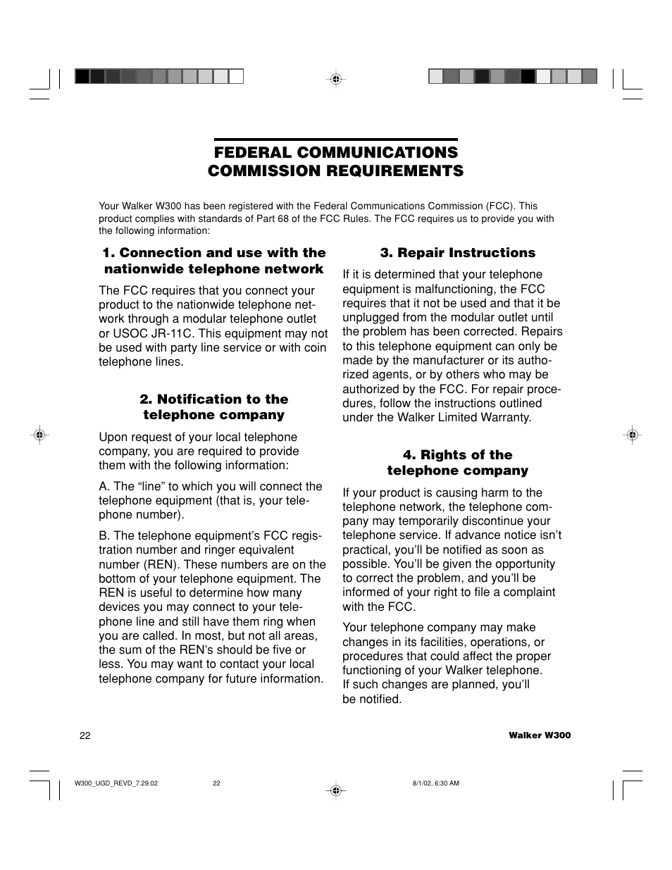 Federal communications commission requirements | Walker W300 User Manual | Page 22 / 80