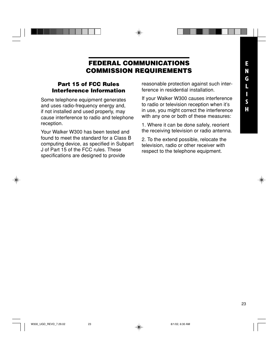 Federal communications commission requirements | Walker W300 User Manual | Page 23 / 80