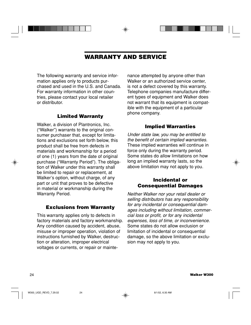 Warranty and service | Walker W300 User Manual | Page 24 / 80