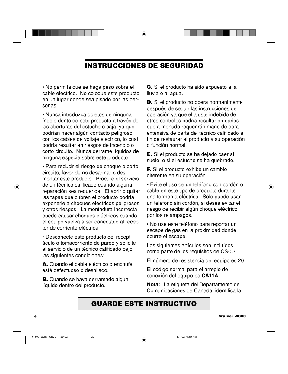 Instrucciones de seguridad guarde este instructivo | Walker W300 User Manual | Page 30 / 80