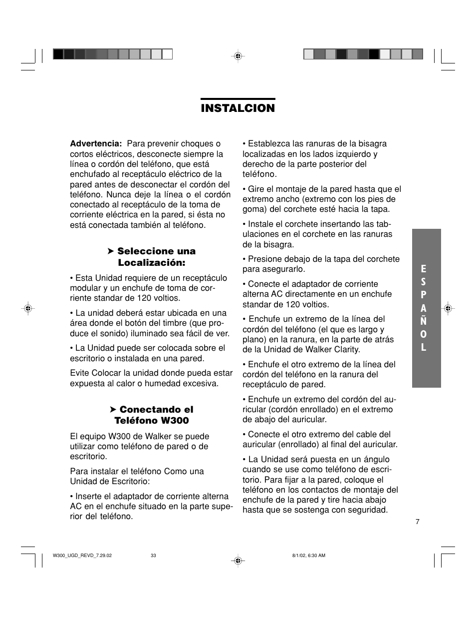 Instalcion | Walker W300 User Manual | Page 33 / 80