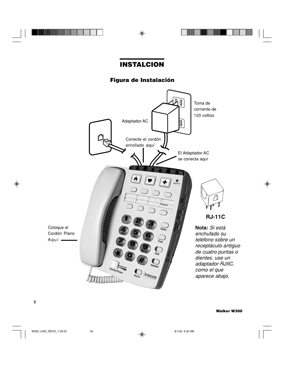 Instalcion, Figura de instalación rj-11c | Walker W300 User Manual | Page 34 / 80