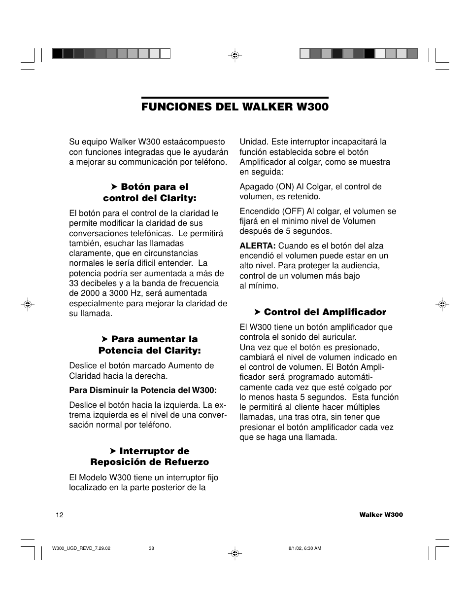 Funciones del walker w300 | Walker W300 User Manual | Page 38 / 80